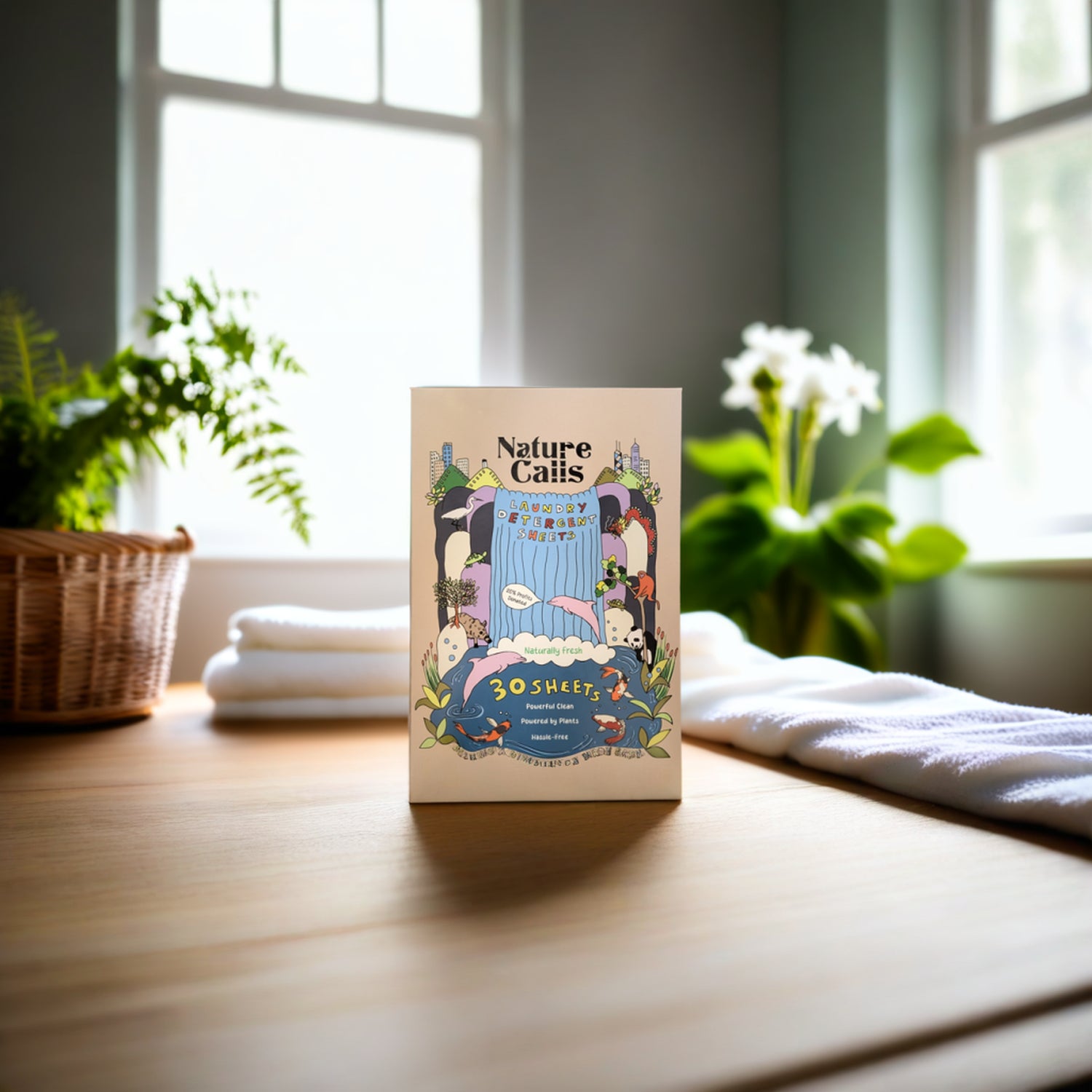 Envelope pack of Nature Calls Laundry Detergent Sheets in a bright natural space